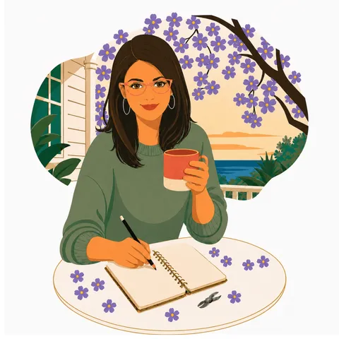 Illustrated portrait of Anna Everly — writing in a notebook with a mug, beneath jacaranda blossom, a coast behind her